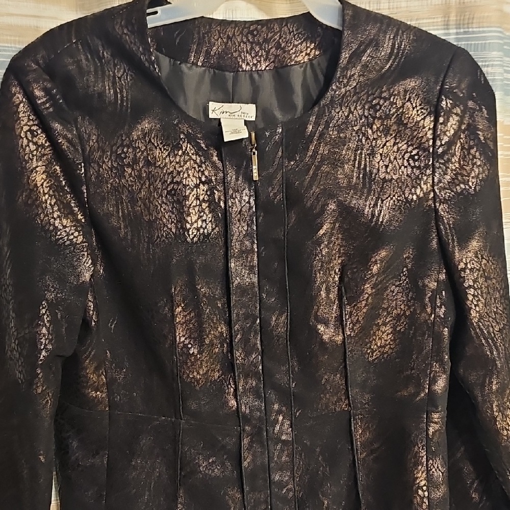 Kim Rogers Womens Petite 14P Black Gold Metallic Animal Print Jacket Full Zip